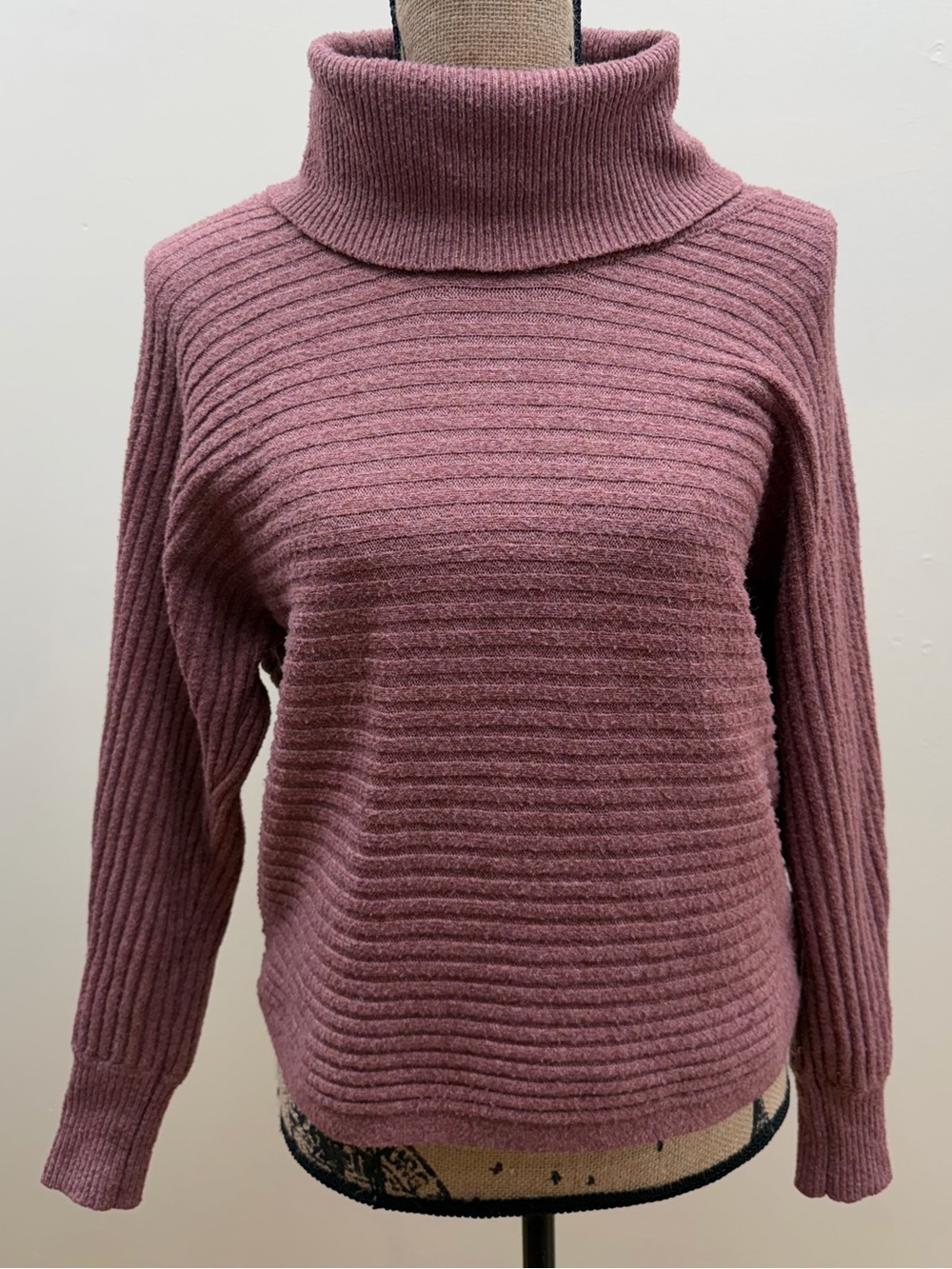 322: Pink Rose Ribbed Cowl Sweater in Dusty Mauve - Small
